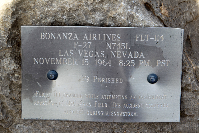 A memorial plaque is seen at the crash site of Bonanza Flight 114 about 15 miles southwest of McCarran International Airport Thursday, Nov. 13, 2014. (Sam Morris/Las Vegas Review-Journal)