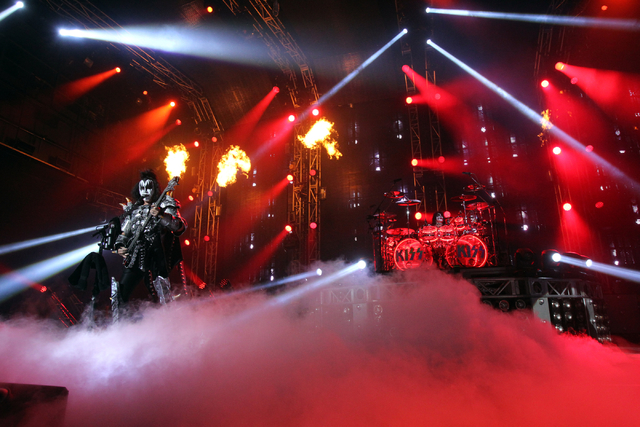 Gene Simmons, left, and Eric Singer of Kiss, perform at The Joint at the Hard Rock hotel-casino in Las Vegas to kick off their residency at the venue Wednesday, Nov. 5, 2014. (K.M. Cannon/Las Vega ...