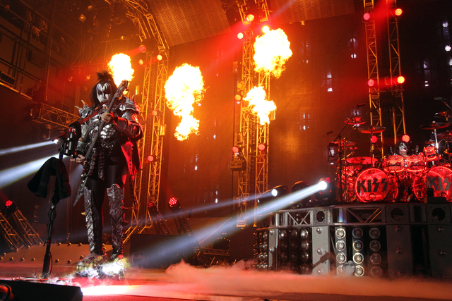 Gene Simmons, left, and Eric Singer of Kiss, perform at The Joint at the Hard Rock hotel-casino in Las Vegas to kick off their residency at the venue Wednesday, Nov. 5, 2014. (K.M. Cannon/Las Vega ...