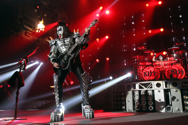 Gene Simmons, left, and Eric Singer of Kiss, perform at The Joint at the Hard Rock hotel-casino in Las Vegas to kick off their residency at the venue Wednesday, Nov. 5, 2014. (K.M. Cannon/Las Vega ...