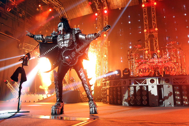 Gene Simmons, left, and Eric Singer of Kiss, perform at The Joint at the Hard Rock hotel-casino in Las Vegas to kick off their residency at the venue Wednesday, Nov. 5, 2014. (K.M. Cannon/Las Vega ...