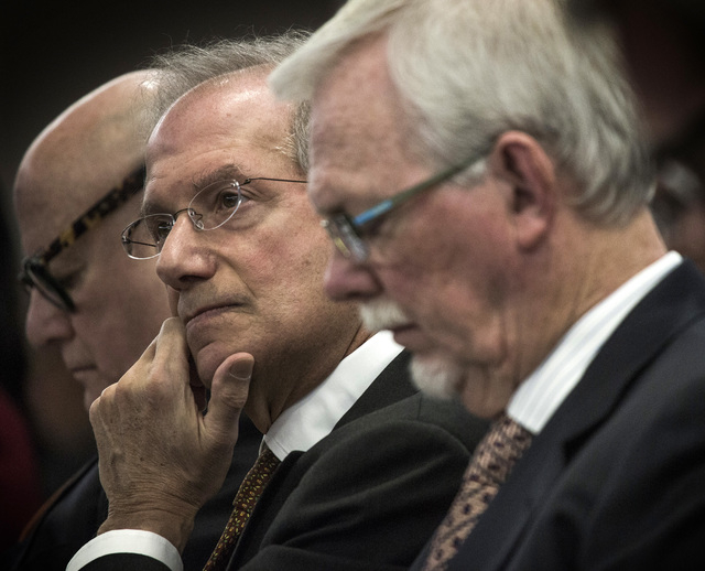 Ronald O. Perelman,left,  chairman of Scientific Games,  Barry F. Schwartz, Scientific Games executive vice chairman, and gaming attorney Frank Schreck during the Gaming Control Board hearing on t ...
