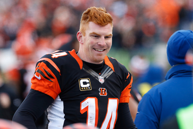 AFC Wild Card: Cincinnati Bengals -- Quarterback Andy Dalton (14) celebrates his touchdown on the sidelines in the second half against the Pittsburgh Steelers at Paul Brown Stadium on Dec. 7, 2014 ...