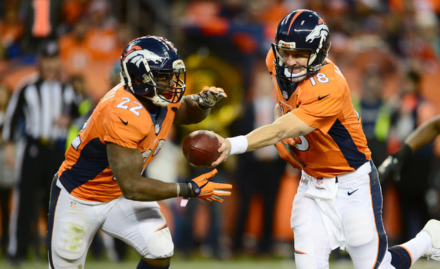 AFC West: Denver Broncos -- Quarterback Peyton Manning (18) hands off to running back C.J. Anderson (22) in the fourth quarter against the Buffalo Bills at Sports Authority Field at Mile High. The ...