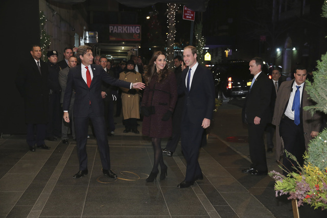 Kate, left, Duchess of Cambridge, and Britain's Prince William arrive at The Carlyle Hotel, Sunday, Dec. 7, 2014, in New York. They have a full schedule of events in New York, including a visit to ...