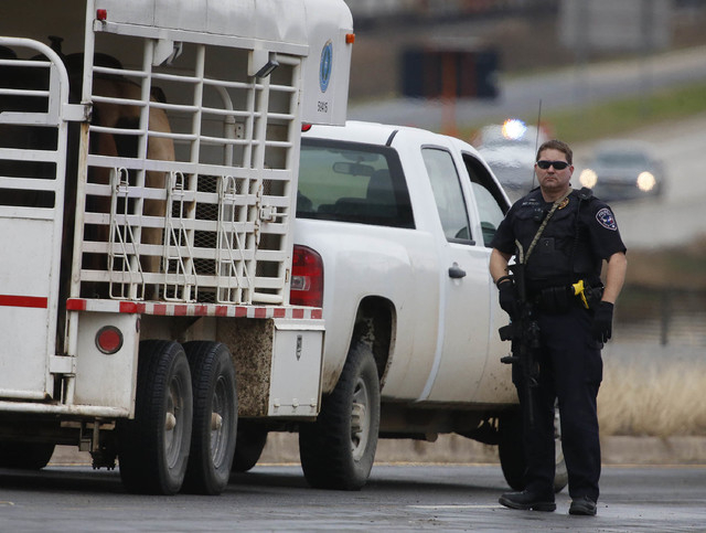 Troy police Sgt Ken Wolff stands guard at a checkpoint up the street from other officers looking for a gunman who shot a weather forecaster as he walked out of the KCEN-TV studio along Interstate ...
