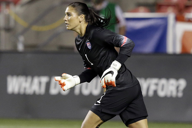 United States' goalkeeper Hope Solo (1) looks up field in second half of an international friendly game with Mexico on  Saturday, Sept. 13, 2014, in Sandy, Utah. Solo’s lawyer is asking the cour ...