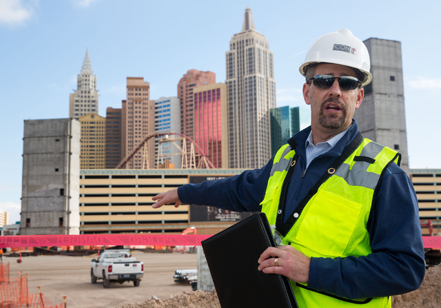 Rob Stephens, with ICON Venue Group and the project manager for the MGM-AEG arena site, talks with the media about progress at the 650,000-square-foot arena and event center construction site Thur ...