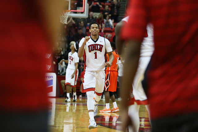 UNLV’s Rashad Vaughn celebrates as he walks off the court at the end of an NCAA college basketball game against Sam Houston State at the Thomas & Mack Center, Sunday, Nov. 16, 2014, in Las Vegas ...