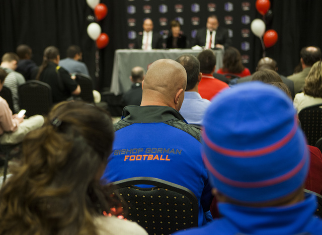 A packed room listens while Tony Sanchez is introduced as UNLV's Men's football coach, Thursday, Dec. 11,2014, at Stan Fulton Building.  Sanchez, former Bishop Gorman High School coach, is the 11t ...