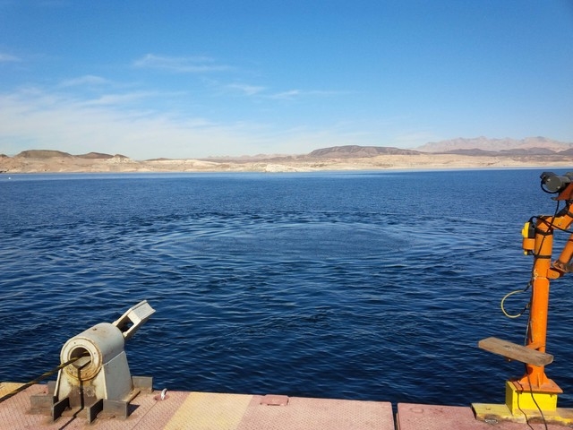 A circle of bubbles and ripples appear on the surface of Lake Mead early Wednesday afternoon, marking the moment an underground tunneling machine broke through into a water intake structure at the ...
