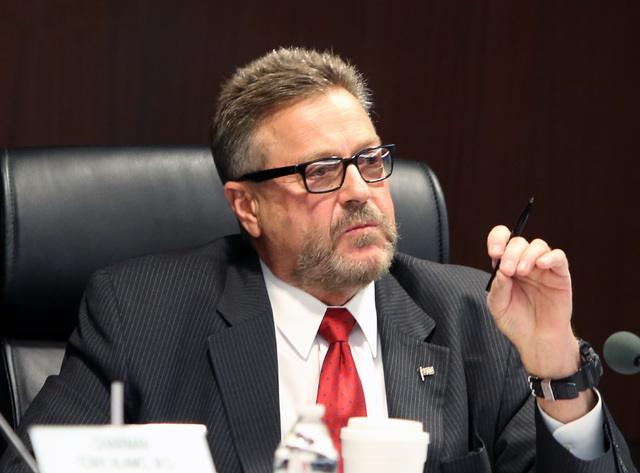 Commissioner John Moran Jr. speaks during a hearing as Sam Nazarian, CEO of SBE Entertainment, appeared before the Nevada Gaming Commission on Thursday, Dec. 18, 2014. Nevada Gaming Commission app ...