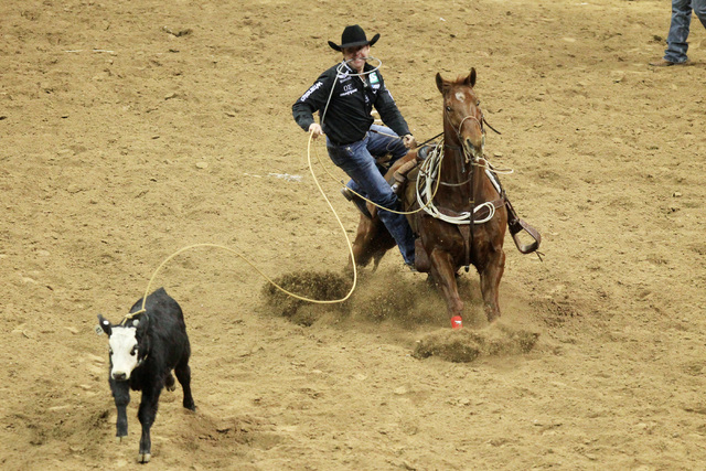 Trevor Brazile from Decatur, Texas, competes in tie down roping during the sixth go around at the National Finals Rodeo Tuesday, Dec. 9, 2014, at the Thomas & Mack Center. (Sam Morris/Las Vegas Re ...