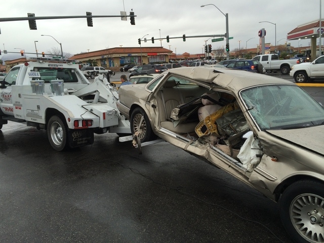 One person was injured in a two-vehicle crash Friday afternoon, Dec. 12, 2014, near Rainbow and Charleston boulevards. (Bizuayehu Tesfaye/Las Vegas Review-Journal)