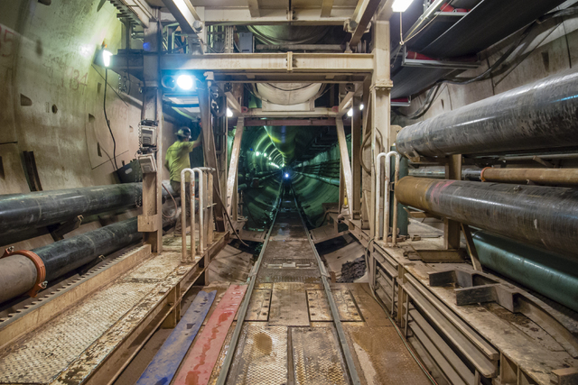 View from the rear of the tunnel bore machine, looking back down three miles of tunnel already constructed at the third intake tunneling project at Lake Mead Tuesday Sept. 16, 2014.  Intake No. 3, ...