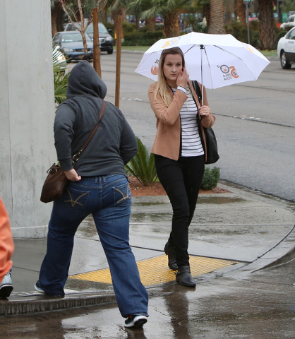 A pedestrian, right, holding an umbrella walks on the side walk along Las Vegas Boulvard near Aria Hotel and Casino as heavy rain approaches the Las Vegas Valley on Friday, Dec. 12, 2014. A weathe ...