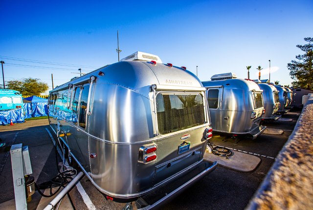 A row of Airstream camper trailers is seen Friday, Jan,2, 2015 on Fremont Street and 9th Street. Zappos CEO Tony Hsiehճ newest project in downtown Las Vegas is an urban camping experience or ...