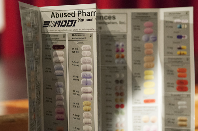 A reference guide for pharmaceutical drugs is displayed during a Clark County School District Police Department
open forum Nov. 13, 2013, at Western High School, 4601 W. Bonanza Road. The forum ad ...