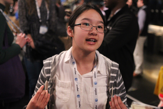 Sabrina Wallace, is interviewed during the 2015 AT&T Developer Summit and Hackathon at the Palms casino-hotel in Las Vegas Sunday, Jan. 4, 2015. Sabrina, the youngest competitor at the hackaton ev ...