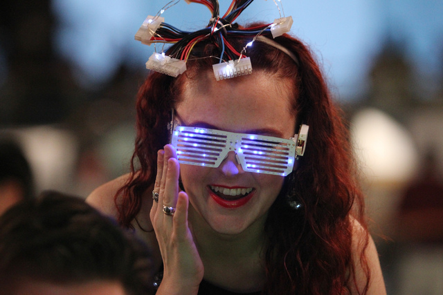 Tenaya Hurst wears a pair of glasses she designed during the 2015 AT&T Hackathon competition at the Palms casino-hotel in Las Vegas Sunday, Jan. 4, 2015. (Erik Verduzco/Las Vegas Review-Journal)
