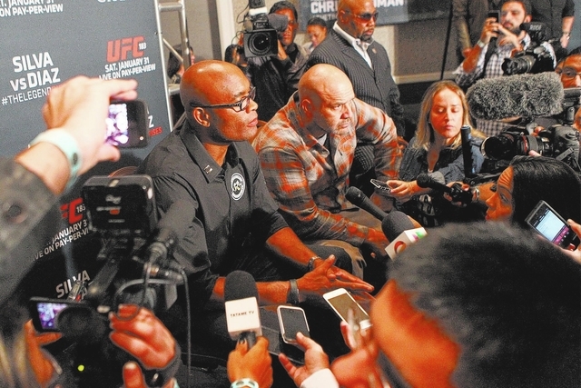 Anderson Silva is interviewed during media day for the upcoming Ultimate Fighting Championship 183 at the MGM Grand casino-hotel in Las Vegas Thursday, Jan. 29, 2015. Silva is scheduled to fight N ...