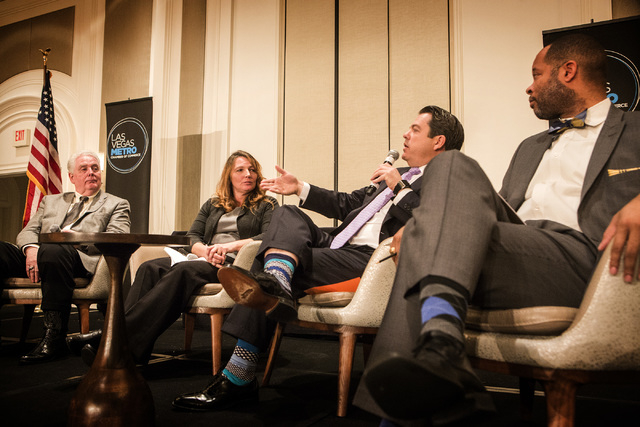 State Senate Majority Leader Michael Roberson, R-Las Vegas , second from second from right, speaks during "Newsfeed" breakfast program at the Four Season, 3960 Las Vegas Boulevard on Monday, Jan.1 ...