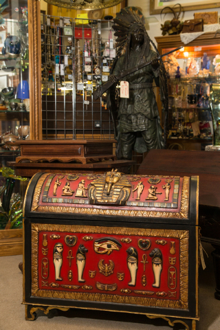 A decorative storage chest with an Egyptian theme is displayed at Not Just Antiques. (Donavon Lockett/View)