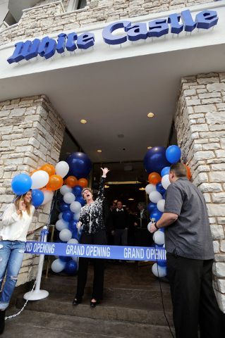 Clark County Commissioner Chris Giunchigliani, cheers before cutting a ceremonial ribbon at the grand opening of the White Castle's newest location on the Strip on Tuesday, Jan. 27, 2015. This is  ...