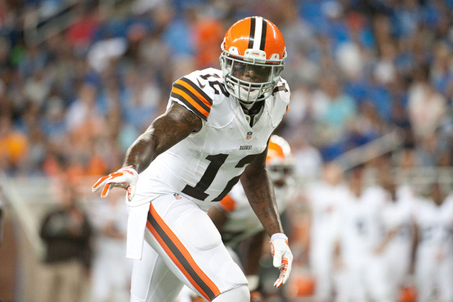 Cleveland Browns wide receiver Josh Gordon (12) during the first quarter against the Detroit Lions at Ford Field on Aug 9, 2014. (Tim Fuller-USA TODAY Sports)