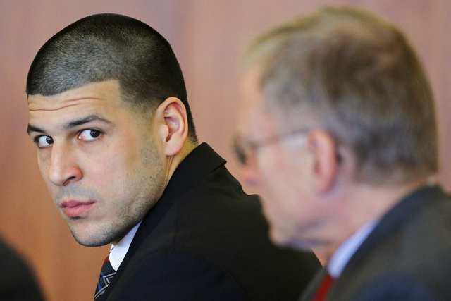 Former New England Patriots tight end Aaron Hernandez attends a pre-trial hearing in Fall River, Massachusetts December 22, 2014. (REUTERS/Brian Snyder)