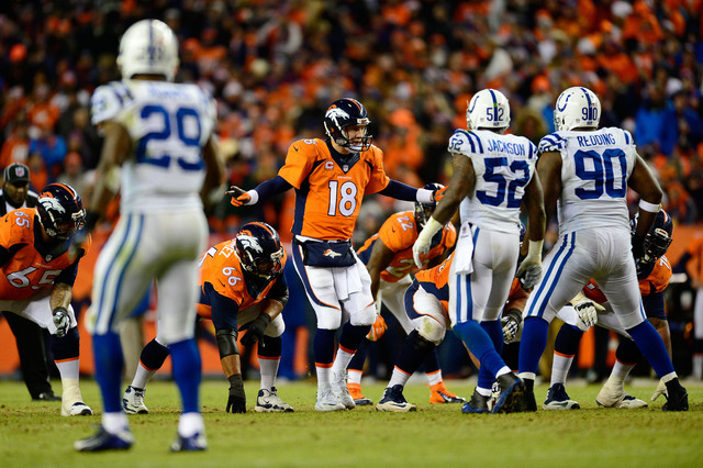 Jan 11, 2015; Denver, CO, USA; Denver Broncos quarterback Peyton Manning (18) gestures before a snap against the Indianapolis Colts during the third quarter in the 2014 AFC Divisional playoff foot ...