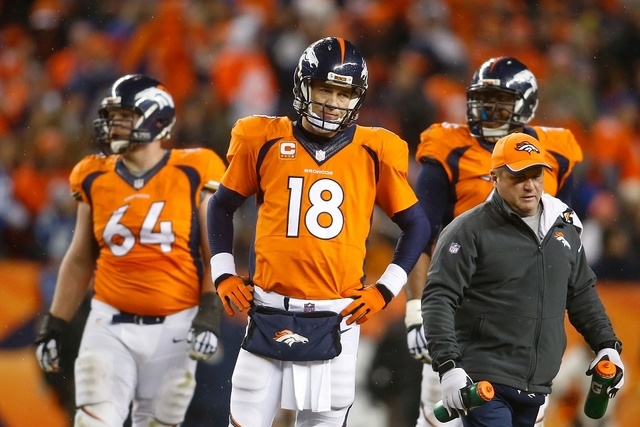 Jan 11, 2015; Denver, CO, USA; Denver Broncos quarterback Peyton Manning (18) at the end of the fourth quarter in their loss to the Indianapolis Colts in the 2014 AFC Divisional playoff football g ...
