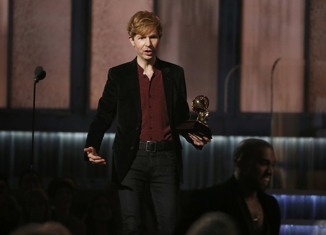 Beck calls out to Kanye West, who pretended to take the stage after Beck won album of the year for "Morning Phase," at the 57th annual Grammy Awards in Los Angeles, California February 8, 2015. (R ...