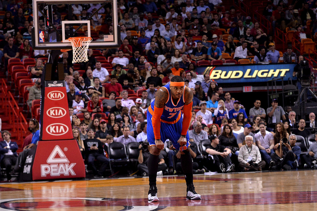 Feb 9, 2015; Miami, FL, USA; New York Knicks forward Carmelo Anthony (7) takes a breather during the first half against the Miami Heat at American Airlines Arena. (Steve Mitchell-USA TODAY Sports)
