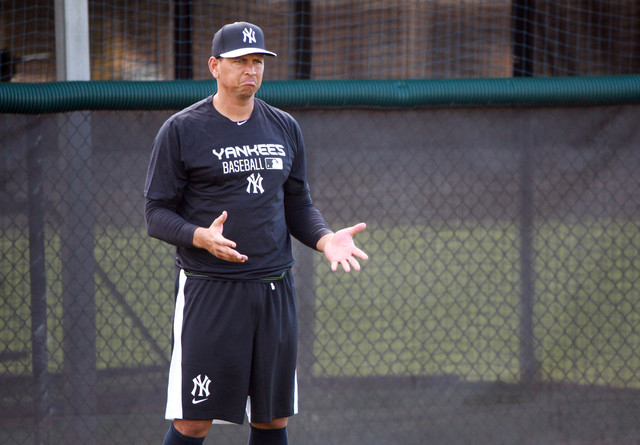 Feb 23, 2015; Tampa, FL, USA; New York Yankees third baseman Alex Rodriguez (13) reacts during spring training work outs at Yankees Minor Leauge Complex. (Kim Klement-USA TODAY Sports)