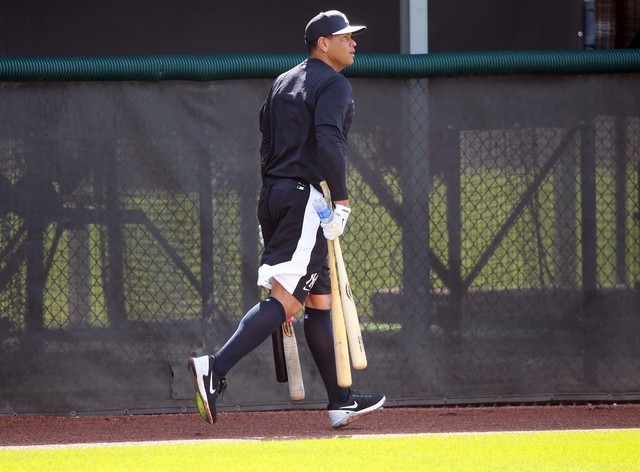 Feb 23, 2015; Tampa, FL, USA; New York Yankees third baseman Alex Rodriguez (13) heads to the batting cage during spring training at Yankees Minor Leauge Complex. (Kim Klement-USA TODAY Sports)