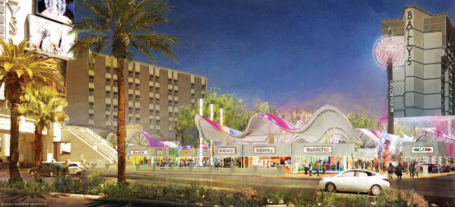Artist's rendering, The Grand Bazaar Shops at Bally's, front of the shops seen from across the Strip. (Courtesy Juno Properties Group)