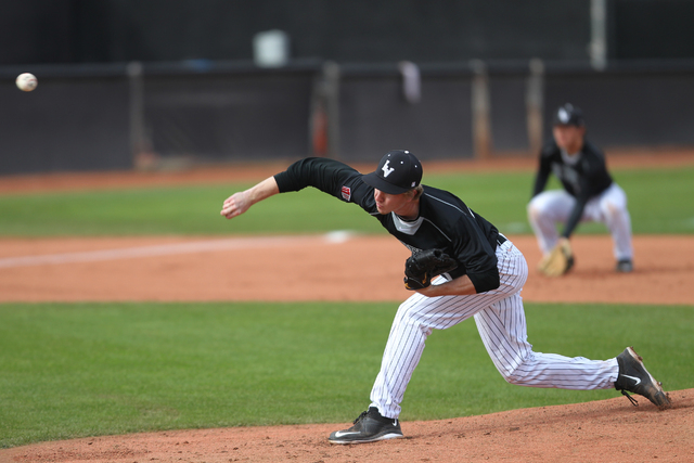 UNLV pitcher Blaze Bohall (20) pitches against Pacific in their baseball game at Wilson Stadium in Las Vegas Monday, Feb. 23, 2015. UNLV won 11-1. (Erik Verduzco/Las Vegas Review-Journal)