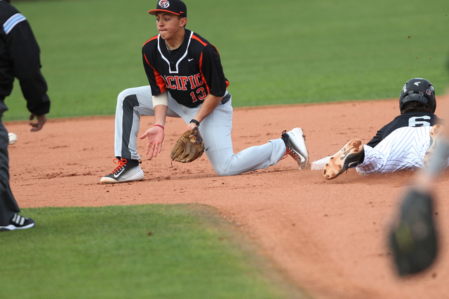 UNLV Payton Squier (6) steals second base safely against Pacific in their baseball game at Wilson Stadium in Las Vegas Monday, Feb. 23, 2015. UNLV won 11-1. (Erik Verduzco/Las Vegas Review-Journal)