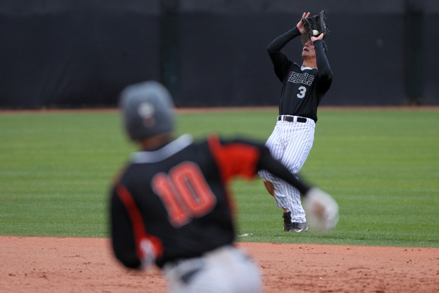 UNLV Joey Armstrong (3) makes a catch for an out against Pacific in their baseball game at Wilson Stadium in Las Vegas Monday, Feb. 23, 2015. UNLV won 11-1. (Erik Verduzco/Las Vegas Review-Journal)