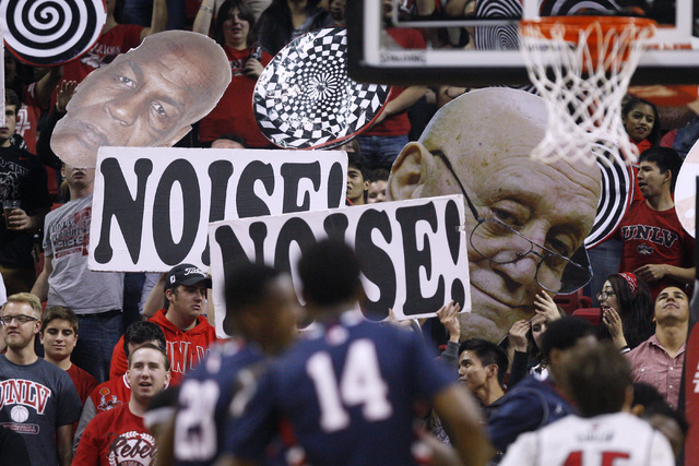 A cardboard cutout of former UNLV coach Jerry Tarkanian is brought out to distract a Fresno State free throw attempt during the first half of their Mountain West Conference game Tuesday, Feb. 10, ...