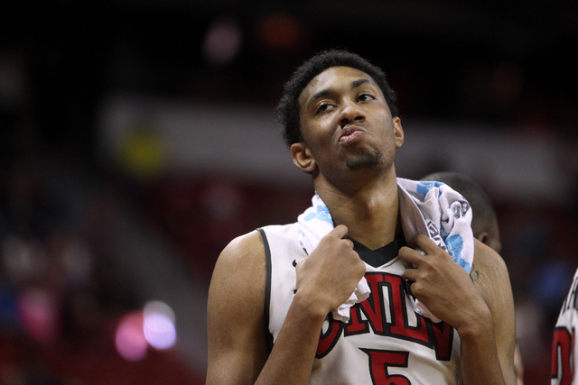 UNLV forward Christian Wood makes a face during a time out in the second half of their Mountain West Conference game Tuesday, Feb. 10, 2015, at the Thomas & Mack Center. UNLV won 73-61. (Sam Morri ...