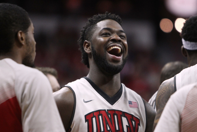 UNLV guard Jordan Cornish laughs during a timeout in the second half of their Mountain West Conference game against Fresno State Tuesday, Feb. 10, 2015, at the Thomas & Mack Center. UNLV won 73-61 ...