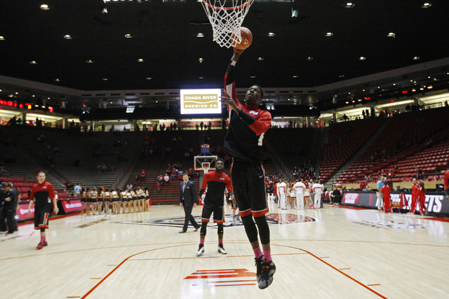 UNLV forward Goodluck Okonoboh drops in a layup while warming up for their Mountain West Conference game against New Mexico Saturday, Feb. 21, 2015, at The Pit in Albuquerque. (Sam Morris/Las Vega ...