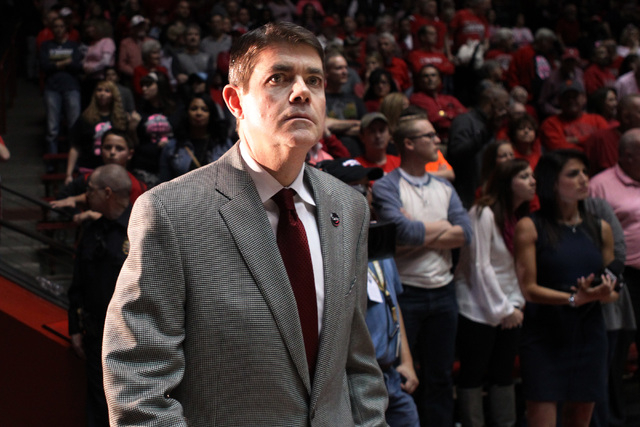UNLV head coach Dave Rice enters The Pit for their Mountain West Conference game against New Mexico Saturday, Feb. 21, 2015, in Albuquerque. (Sam Morris/Las Vegas Review-Journal)