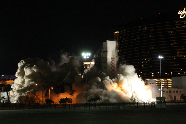 The implosion of the Clarion Hotel and Casino, located just off the Strip, went off a little before 3 a.m., but the elevator core segment failed to fully implode on Tuesday, Feb. 10, 2015. (Michae ...