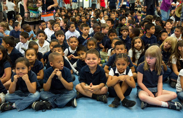Students at Vegas Verdes Elementary School, one of five under-performing Clark County schools tagged as a “turnaround” school, wait for an assembly to start May 28, 2014. (Samantha Clemens-Ker ...