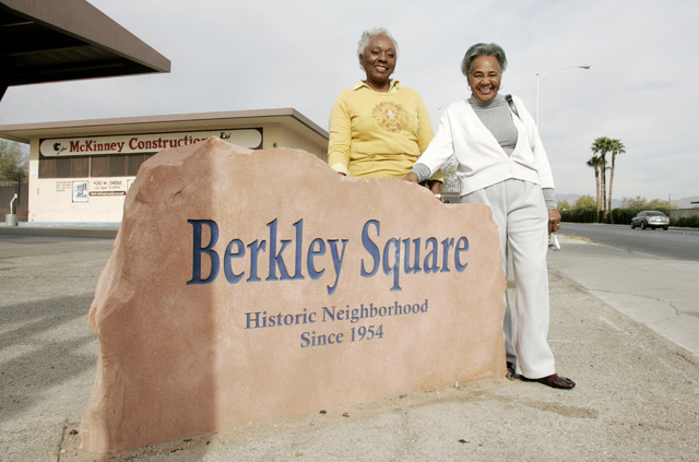 Ruth D'Hondt and Agnes Marshall stand next to a stone marquee marking the start of the Berkley Square neighborhood. (Las Vegas Review-Journal file)