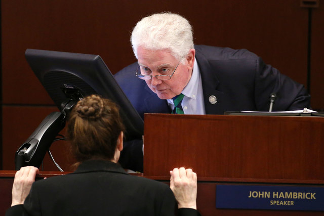Nevada Assembly Speaker John Hambrick, R-Las Vegas, talks with Chief Clerk Susan Furlong on the Assembly floor at the Legislative Building in Carson City on Feb. 13, 2015. A notice of intent was f ...