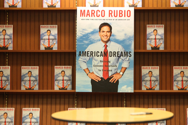 Books by U.S. Sen. Marco Rubio, R-Fla., American Dreams: Restoring the Land of Opportunity, are displayed during his book signing at Barnes and Noble, 2191 N. Rainbow Blvd. Wednesday, Feb. 18, 201 ...